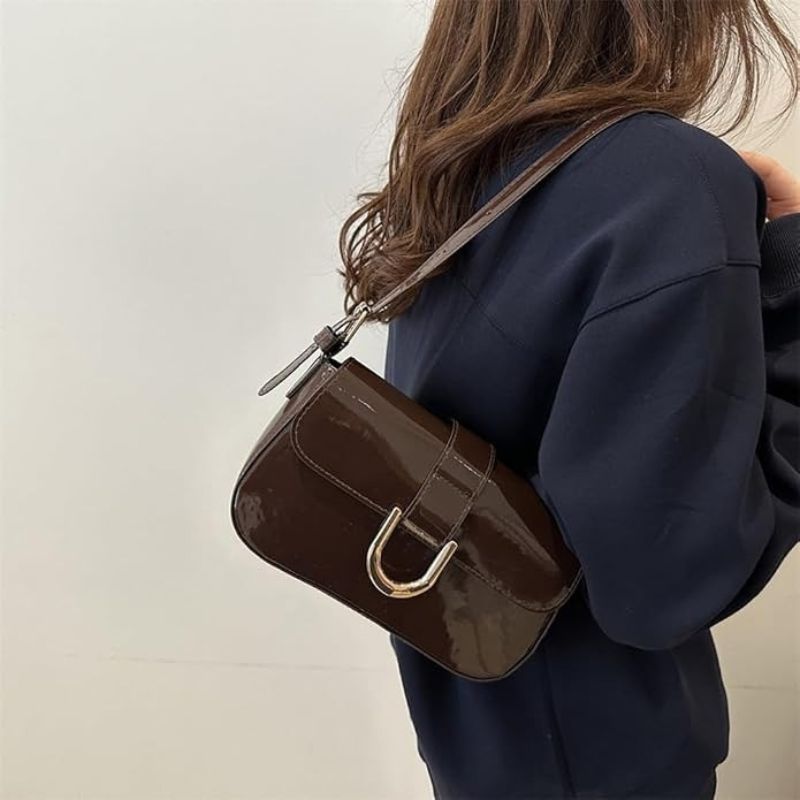 Patent Leather Flap Shoulder Bag with Gold Buckle