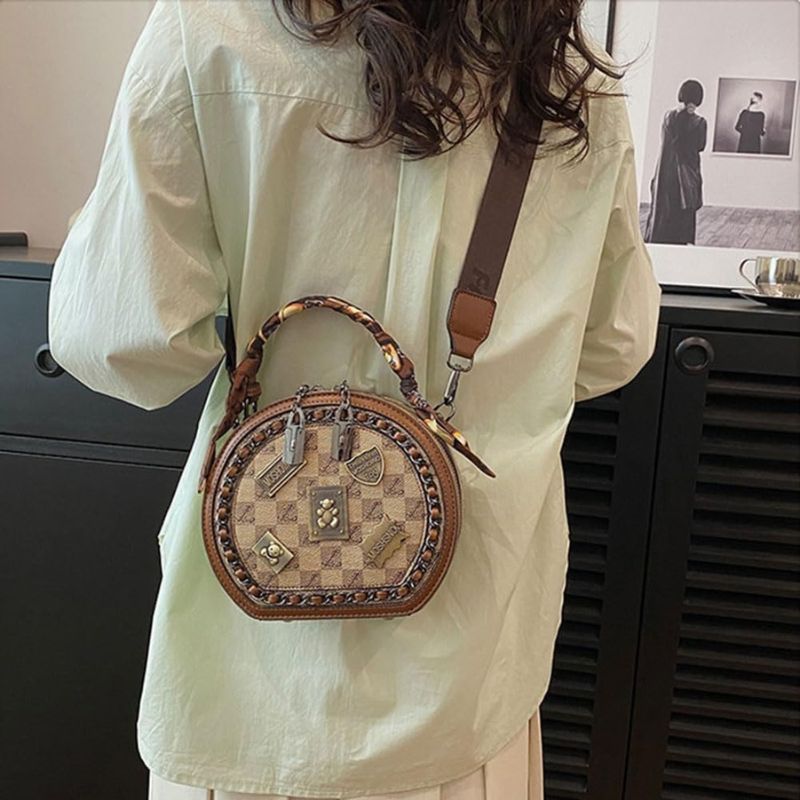 Vintage Round Crossbody Bag with Detachable Strap