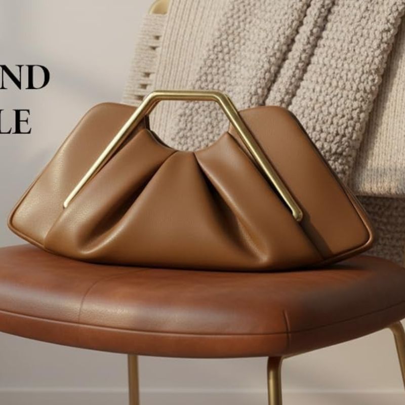 Elegant Ruched Evening Handbag Brown leather Clutch