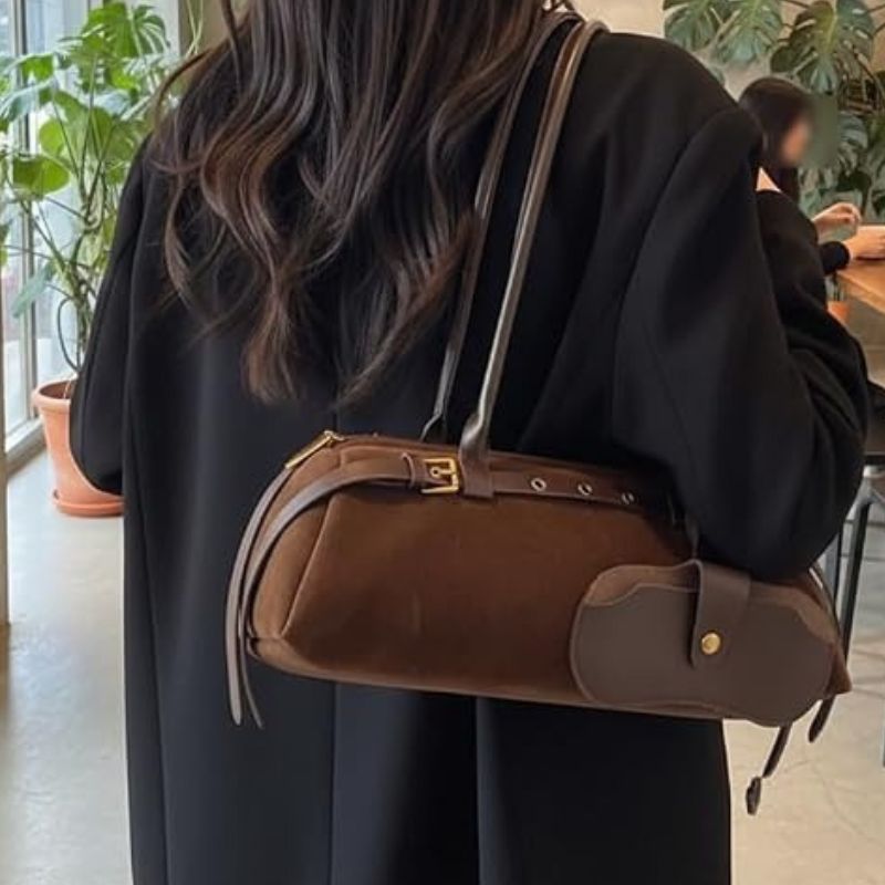 Vintage Suede Fabric Boston Shoulder Bag For Women Bag