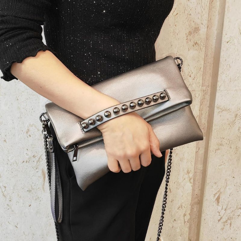 Fold-Over Beaded PU Leather Chain Crossbody Clutch