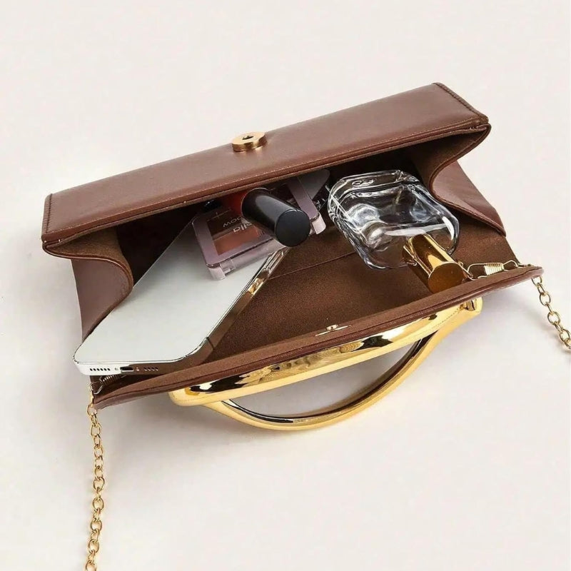 PU Leather Evening Clutch with Metal Handle And Chai