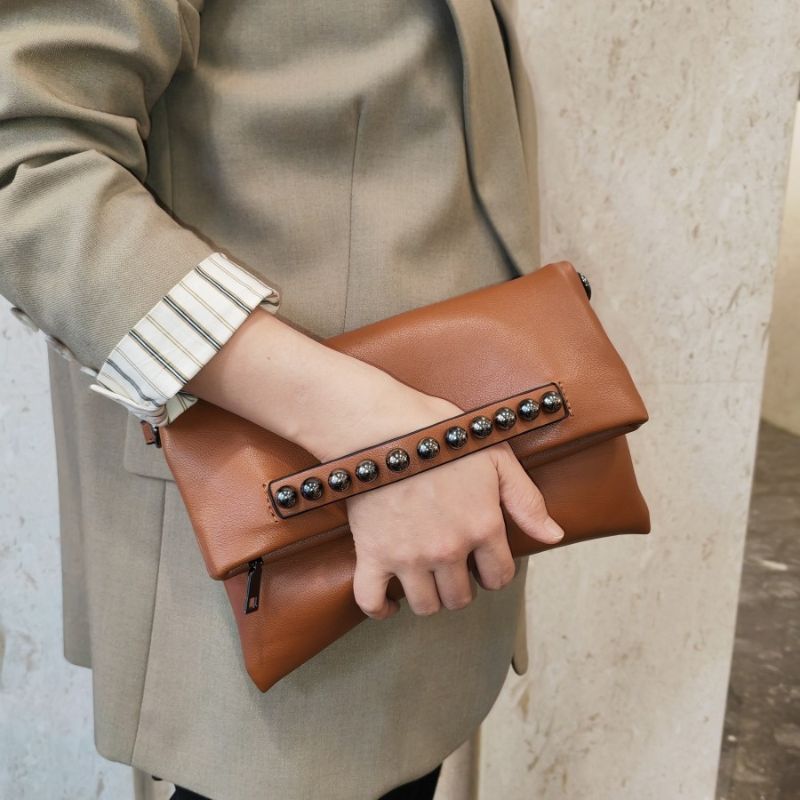 Fold-Over Beaded PU Leather Chain Crossbody Clutch
