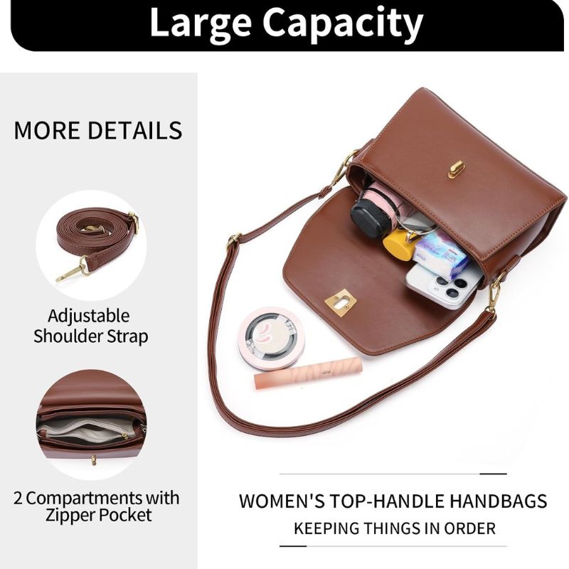 Two-Tone Leather Flap Crossbody Bag With Top Handle