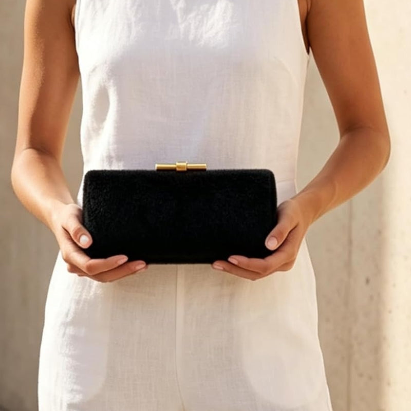 Faux Fur Cylinder Clutch With Detachable Chain