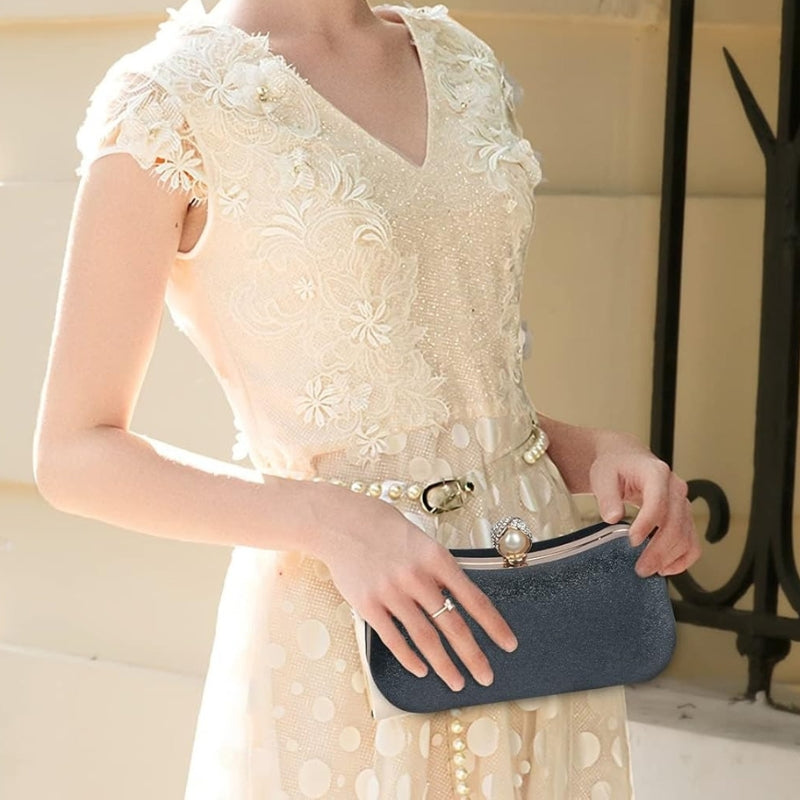 Velvet Pearl Clasp Semi-Circle Evening Top Handle Bag