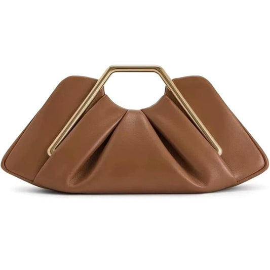Elegant Ruched Evening Handbag Brown leather Clutch
