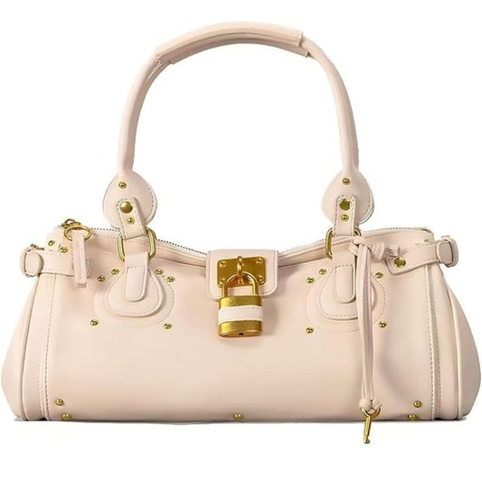 Women PU Leather Vintage Y2K Lock East West Handbag