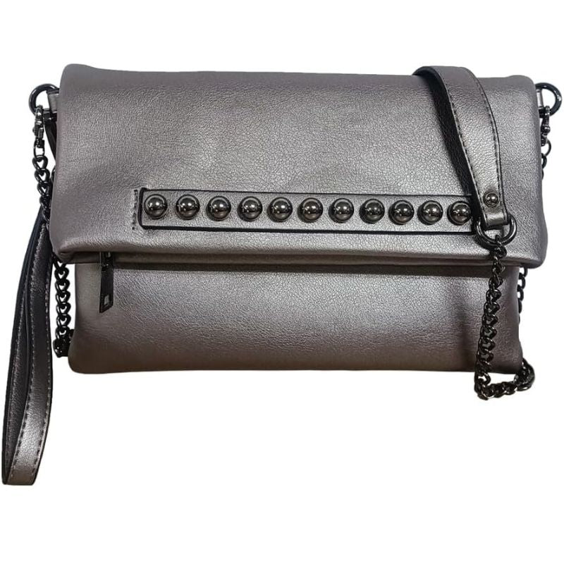 Fold-Over Beaded PU Leather Chain Crossbody Clutch