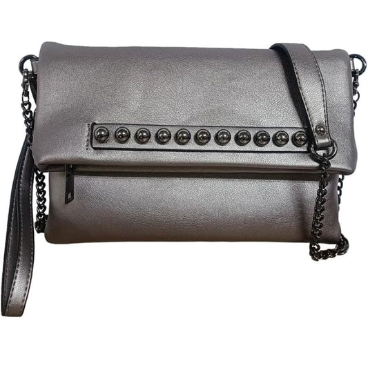 Fold-Over Beaded PU Leather Chain Crossbody Clutch