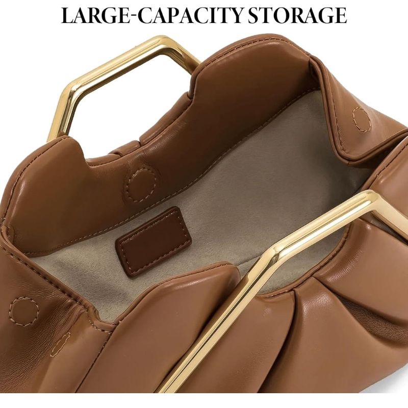 Elegant Ruched Evening Handbag Brown leather Clutch