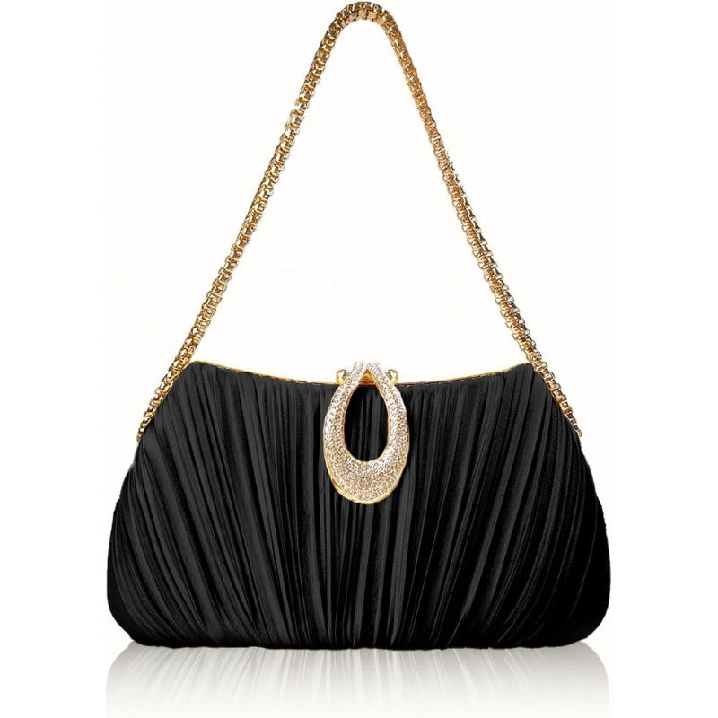 Satin Pleated Evening Clutch With Chain Strap