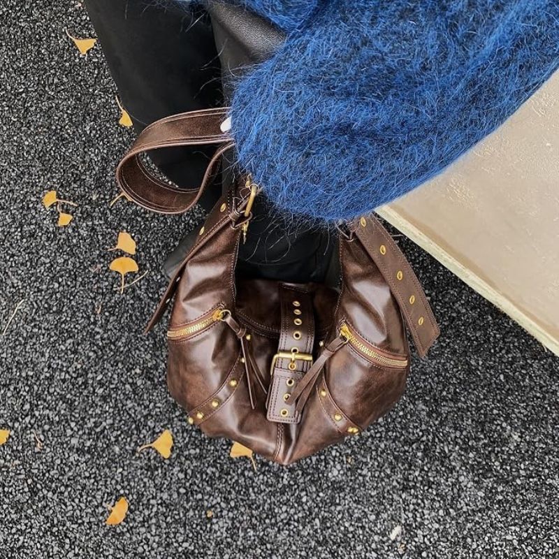 Brown Y2K-Style Hobo Shoulder Bag