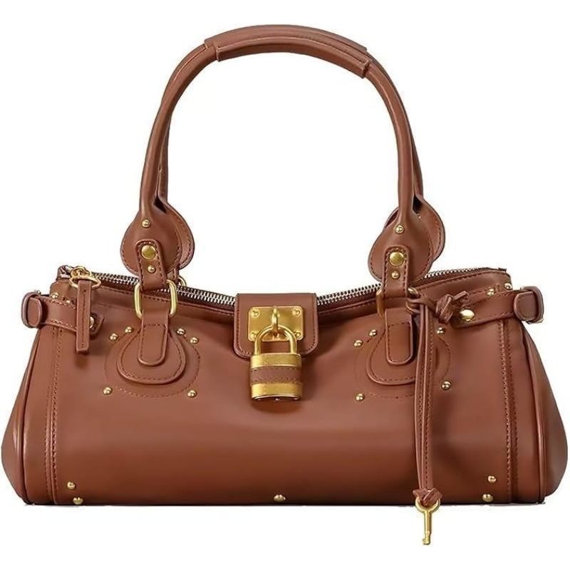 Women PU Leather Vintage Y2K Lock East West Handbag