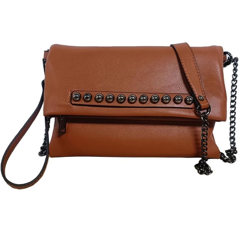 Fold-Over Beaded PU Leather Chain Crossbody Clutch