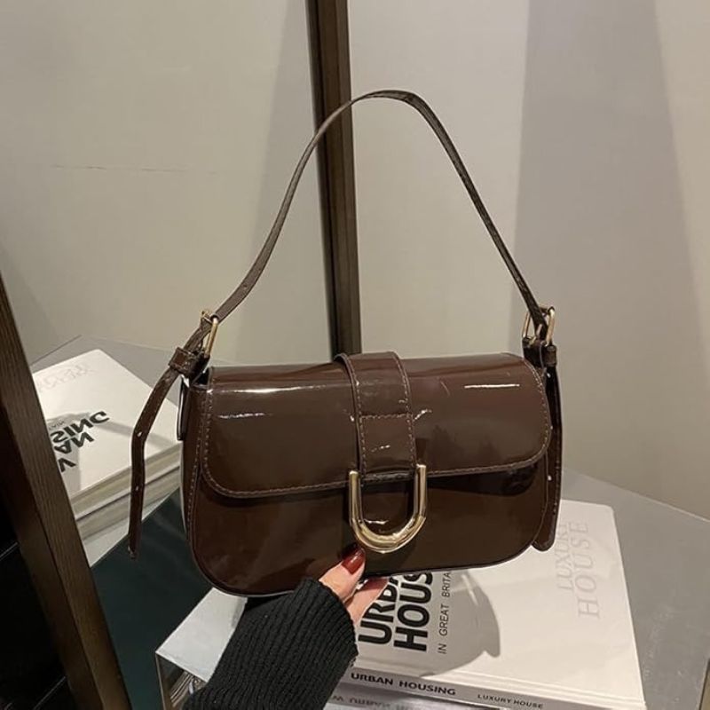 Patent Leather Flap Shoulder Bag with Gold Buckle