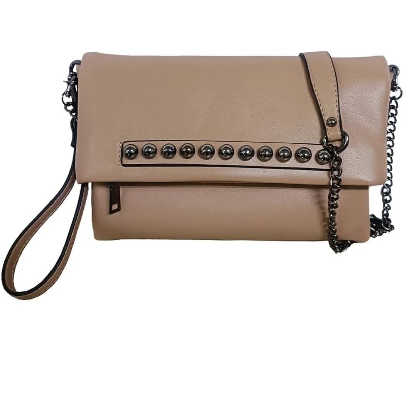 Fold-Over Beaded PU Leather Chain Crossbody Clutch