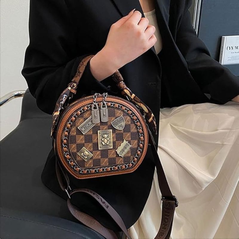Vintage Round Crossbody Bag with Detachable Strap