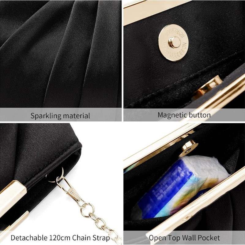 Pleated Evening Clutch with Detachable Chain Strap