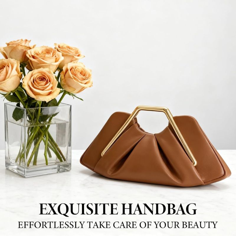 Elegant Ruched Evening Handbag Brown leather Clutch