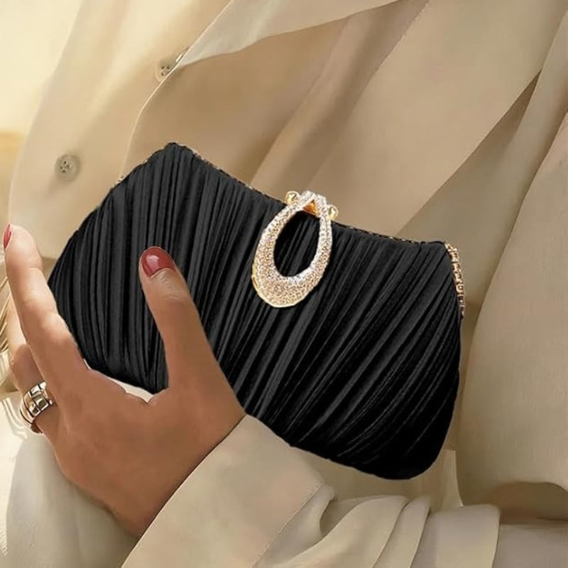 Satin Pleated Evening Clutch With Chain Strap