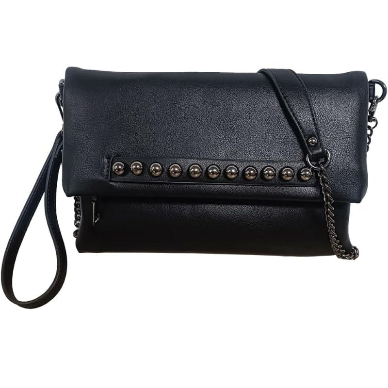 Fold-Over Beaded PU Leather Chain Crossbody Clutch