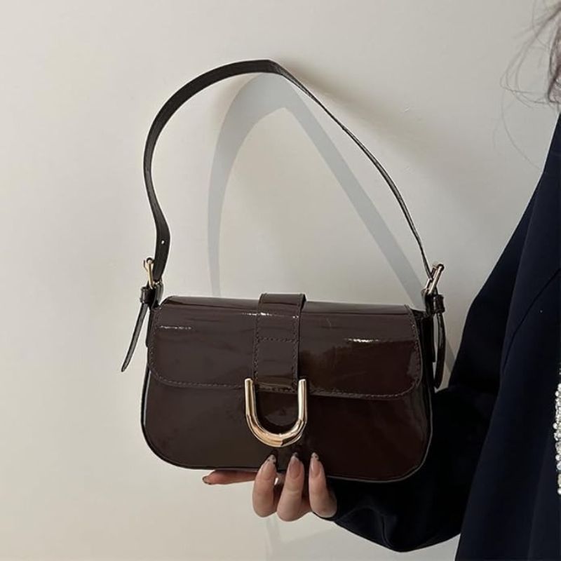 Patent Leather Flap Shoulder Bag with Gold Buckle