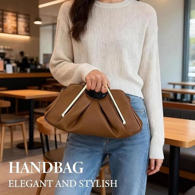Elegant Ruched Evening Handbag Brown leather Clutch
