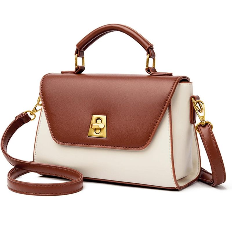Two-Tone Leather Flap Crossbody Bag With Top Handle