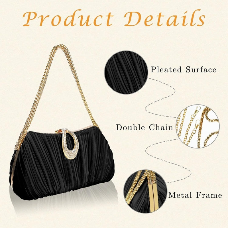 Satin Pleated Evening Clutch With Chain Strap
