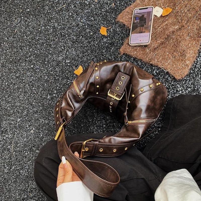 Brown Y2K-Style Hobo Shoulder Bag