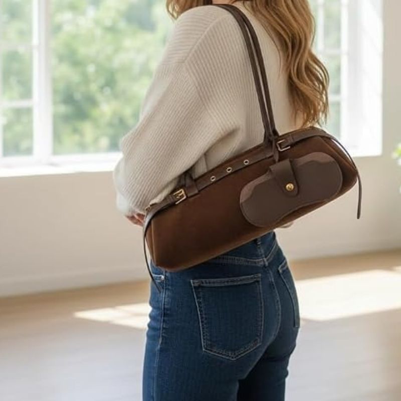 Vintage Suede Fabric Boston Shoulder Bag For Women Bag
