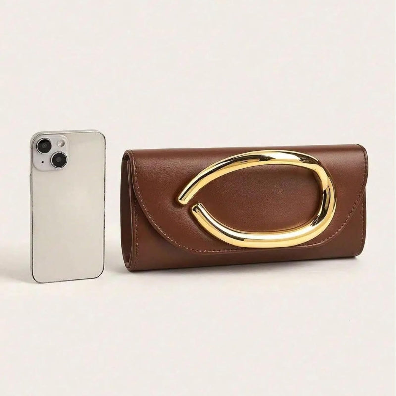 PU Leather Evening Clutch with Metal Handle And Chai