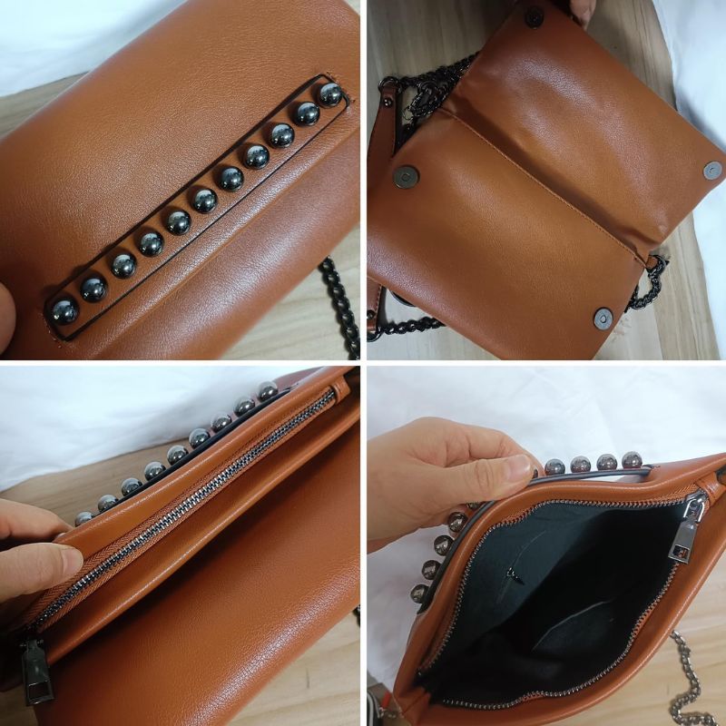 Fold-Over Beaded PU Leather Chain Crossbody Clutch