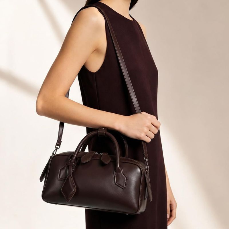 Vegan Leather Mini Barrel Boston Handbag For Women