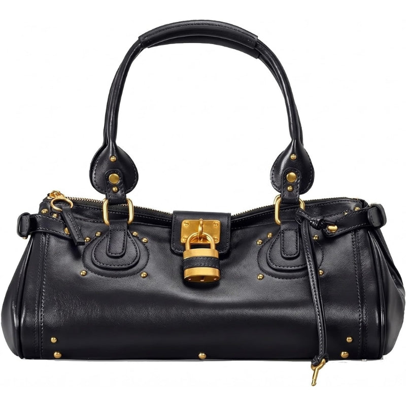 Women PU Leather Vintage Y2K Lock East West Handbag