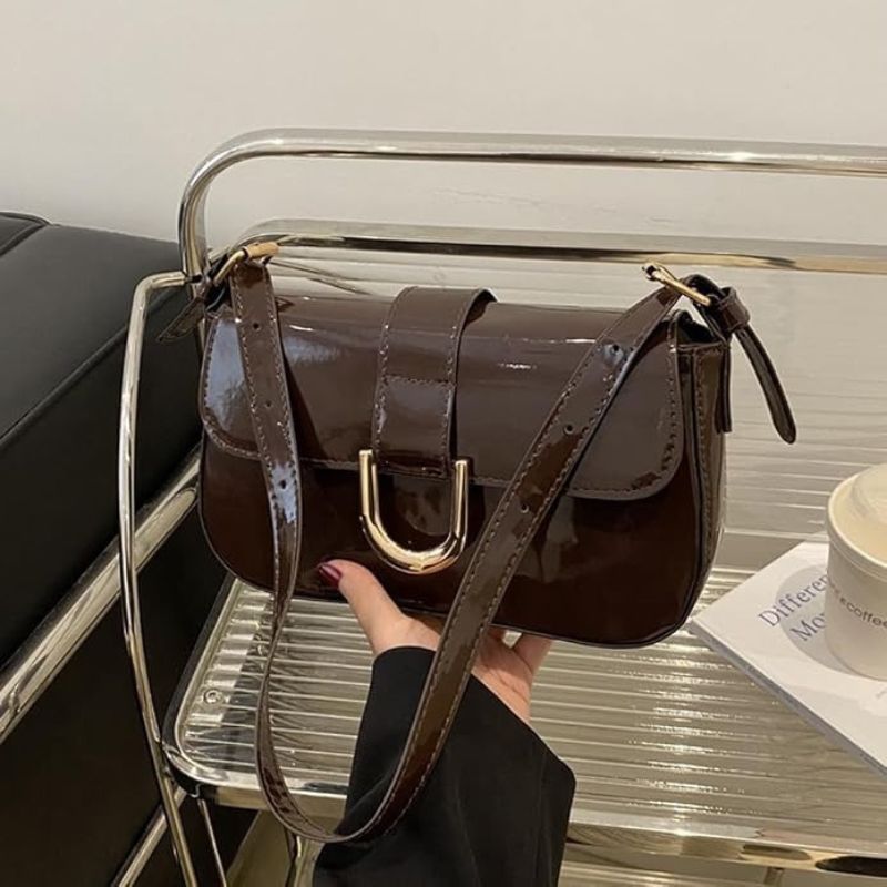 Patent Leather Flap Shoulder Bag with Gold Buckle