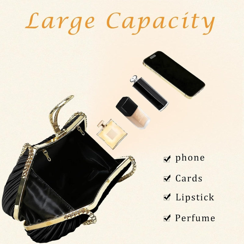Satin Pleated Evening Clutch With Chain Strap