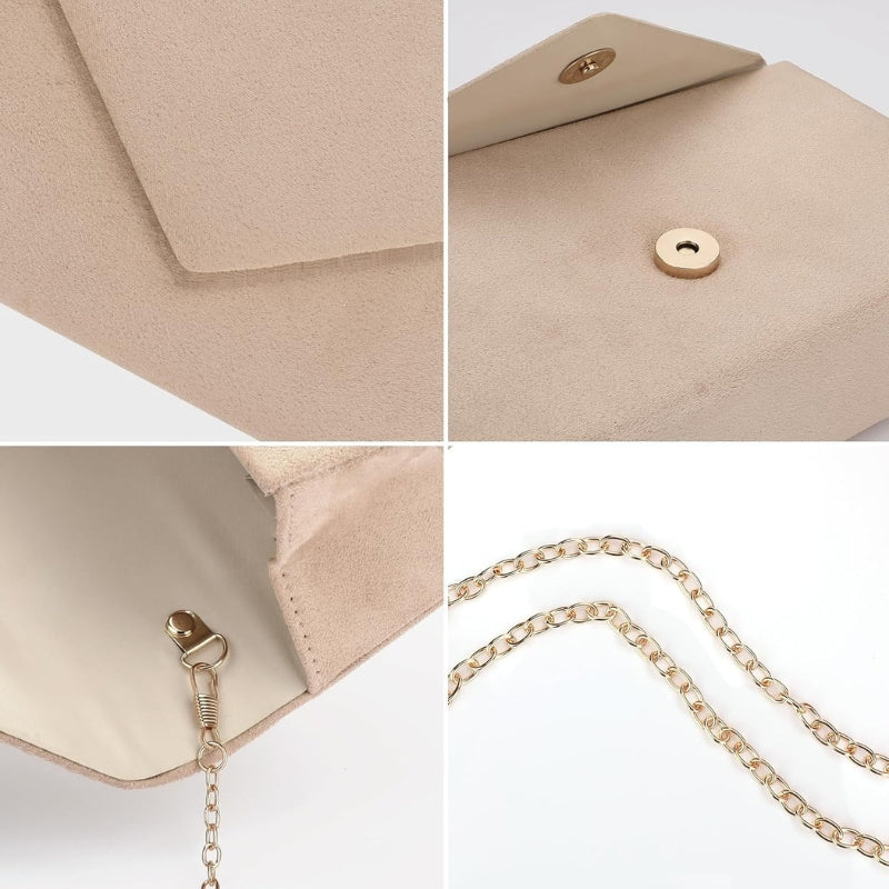 Faux Suede Envelope Clutch with Detachable Chain