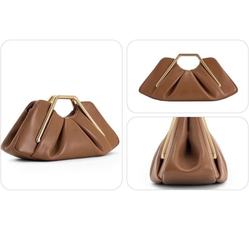 Elegant Ruched Evening Handbag Brown leather Clutch