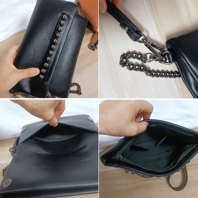 Fold-Over Beaded PU Leather Chain Crossbody Clutch