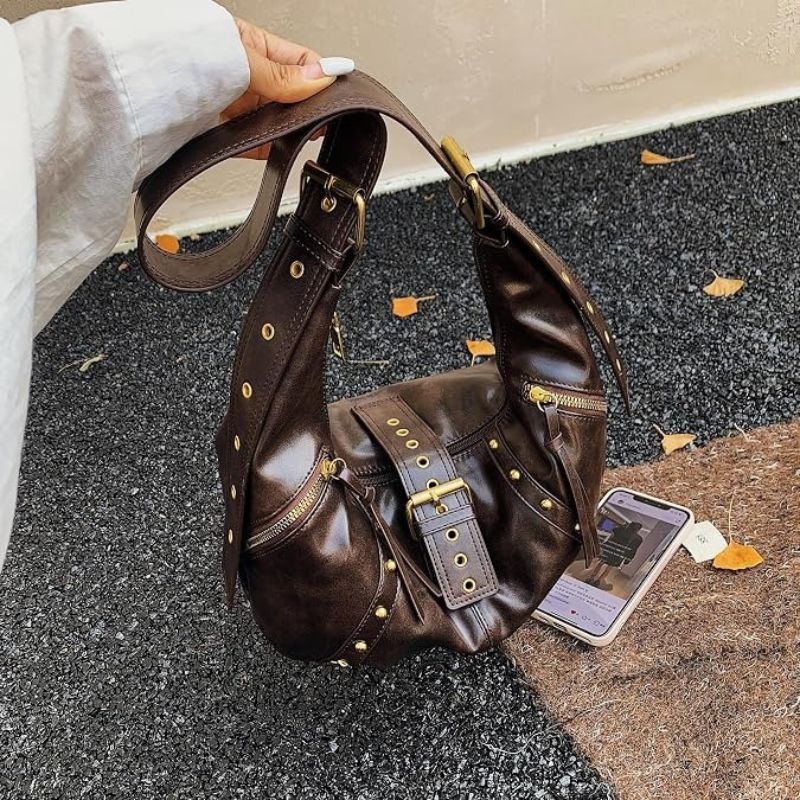 Brown Y2K-Style Hobo Shoulder Bag