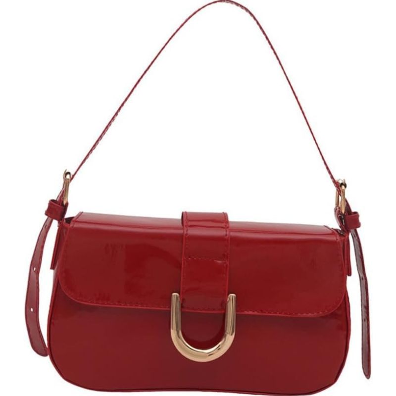 Patent Leather Flap Shoulder Bag with Gold Buckle