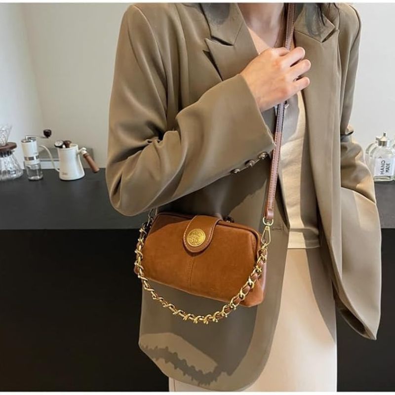 Suede &amp; Leather Chain Crossbody Bag