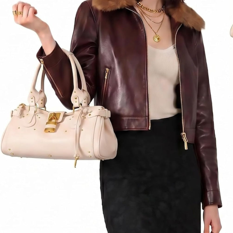 Women PU Leather Vintage Y2K Lock East West Handbag