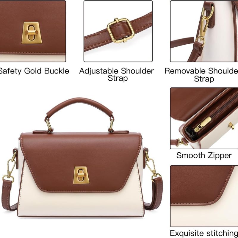 Two-Tone Leather Flap Crossbody Bag With Top Handle