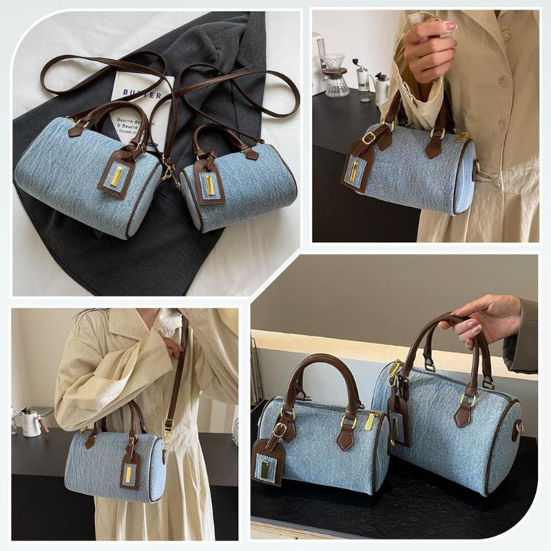 Retro Denim Handbag Women Jean Purse Trendy Boston Bag