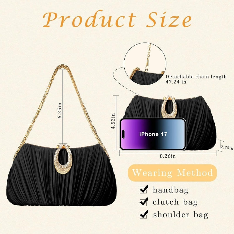 Satin Pleated Evening Clutch With Chain Strap