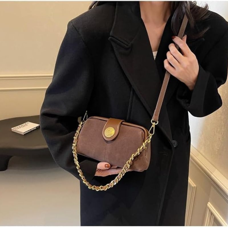 Suede &amp; Leather Chain Crossbody Bag