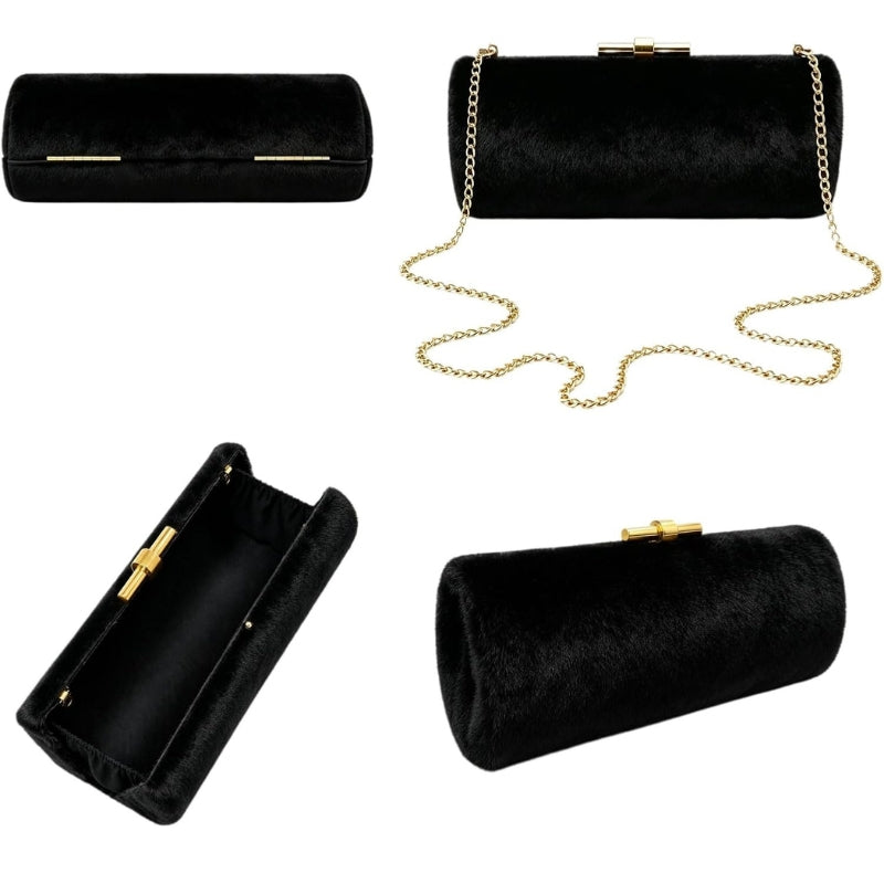 Faux Fur Cylinder Clutch With Detachable Chain